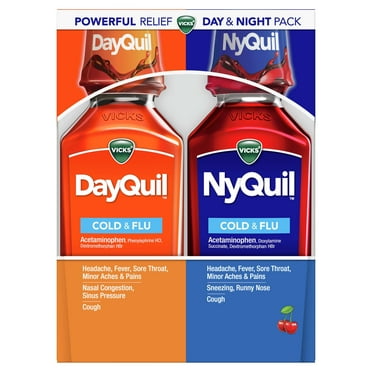 Vicks DayQuil and NyQuil Cold and Flu Liquid, Cold and Flu Medicine for Adults, Cherry, 2x12 Fl oz