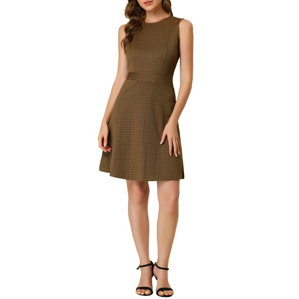 Vestido sin mangas de corte ajustado y acampanado de cuadros houndstooth para mujer, por encima de la rodilla, color marrón