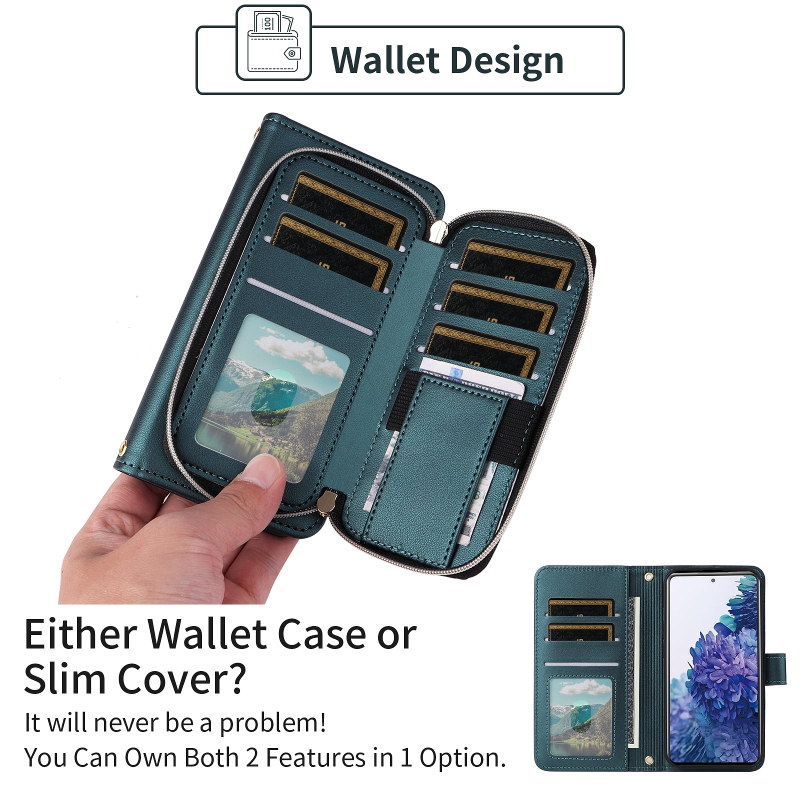 Furiet Wallet Case for Samsung Galaxy S20 FE 5G 6.5 inch with Wrist/Shoulder Strap, Card Slots Luxury PU Leather Stand Phone Cover for S 20 EF UW S20FE5G S20FE 20S S2O Fan Edition 4G G5 Women Green