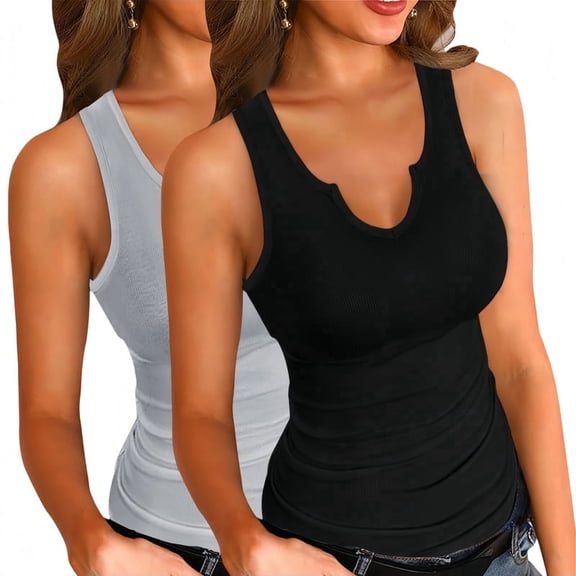 Vafful Tank Tops for Women Basic Sleeveless Shirts 2 Pack V Neck Ribbed Slim Fitted Tank Tops Workout Summer Blouse Sporty Sexy top Cami Ribbed Racerback GREY and BLACK S-XXL