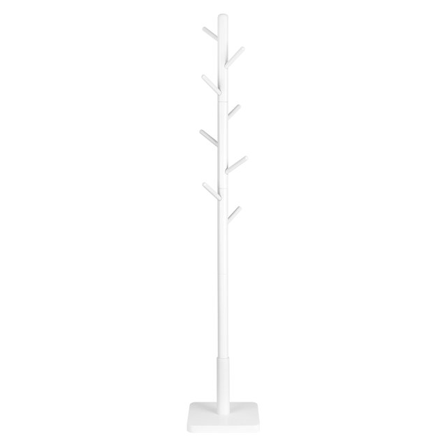 VASAGLE Solid Wood Coat Rack in dark walnut finish, featuring a freestanding design with 8 rubberwood hooks and a sturdy MDF base. Adjustable to 3 height options, it measures 11.8 inches in diameter, 11.8 inches wide, and 68.9 inches tall. Its modern, minimalist style makes it ideal for organizing coats, hats, bags, and purses in entryways or hallways.
