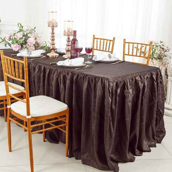 Wedding Linens Inc. 6' ft (30"x72") Rectangular Ruffled Fitted Crushed Crinkle Taffeta Tablecloth With Skirt for Party, wedding, events, décor - Chocolate