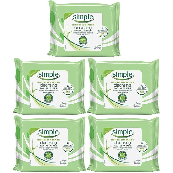 Simple Kind To Skin Cleansing Facial Wipes, Travel Pack, 7-Count (Pack of 5)