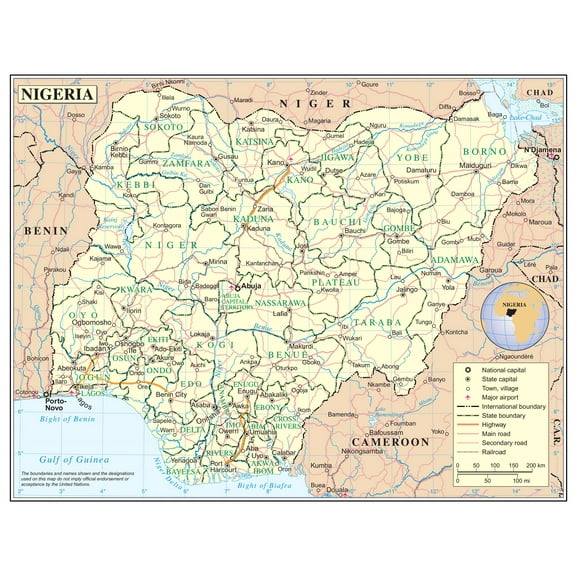 Palmetto Posters 24x31 Laminated Poster: Large detailed political and administrative map of nigeria with roads railroads cities and airports