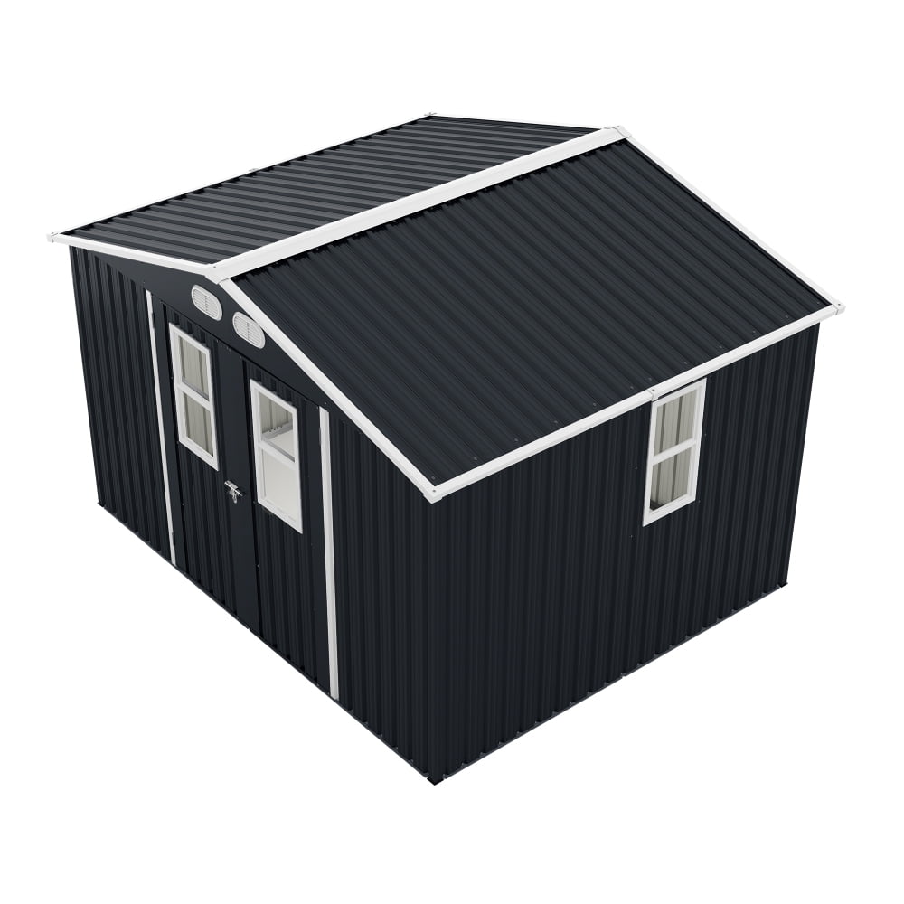 8x8 FT Storage Shed with Protective Film, 4 Windows & Lockable Doors in Dark Gray