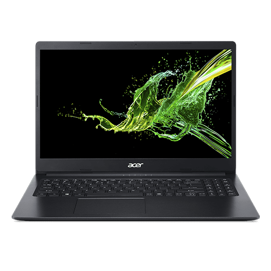 laptop acer aspire 3 a315-34-c1f5: intel celeron n4020, ram de 4gb, hdd 500gb, pantalla de 14" led — Vista frontal centrada de la laptop Acer Aspire 3 en color negro con pantalla LED de 14" mostrando gráfico verde, teclado completo, touchpad centrado y logotipo Acer bajo la pantalla; carcasa delgada de acabado mate. Equipo adecuado para tareas diarias y uso académico u oficina ligera.