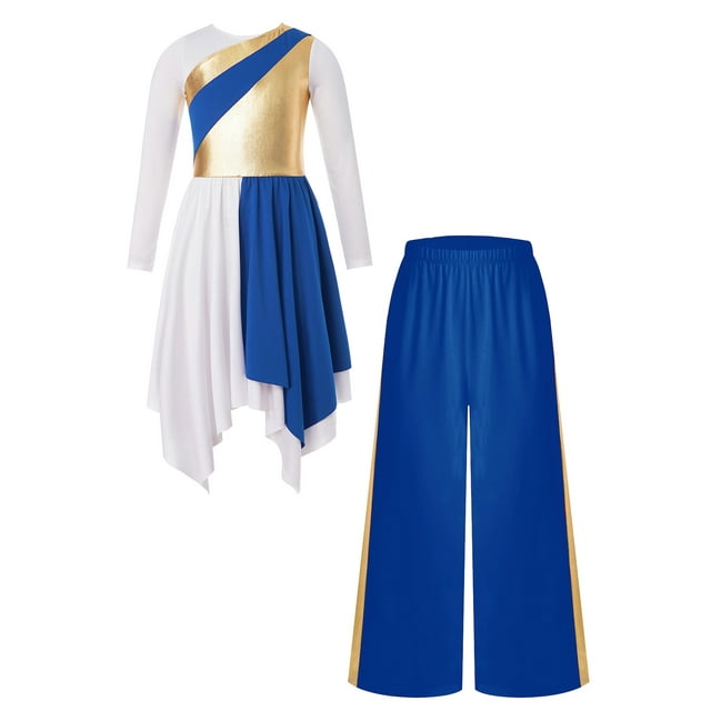 Haitryli Robe de Danse à Manches Longues pour Filles Enfants Robe de Culte Métallique Lyrique Ensemble de Pantalons Bleu 8