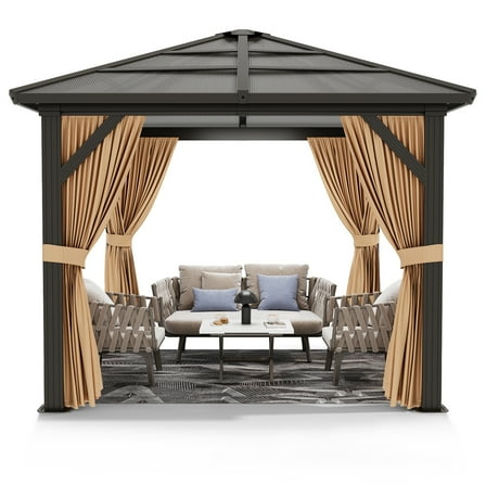 Adoolla 10'x12' Hardtop Gazebo for Patio with Netting and Curtains, Polycarbonate Roof Canopy Aluminium Frame Pavilion