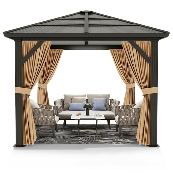 Adoolla 10'x12' Hardtop Gazebo for Patio with Netting and Curtains, Polycarbonate Roof Canopy Aluminium Frame Pavilion