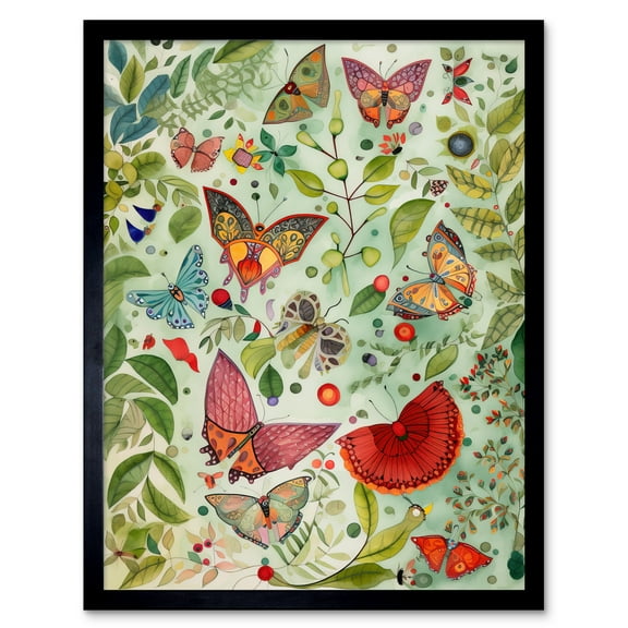 Butterflies And Leaves Folk Art Watercolour Painting Art Print Framed Poster Wall Decor 12x16 inch