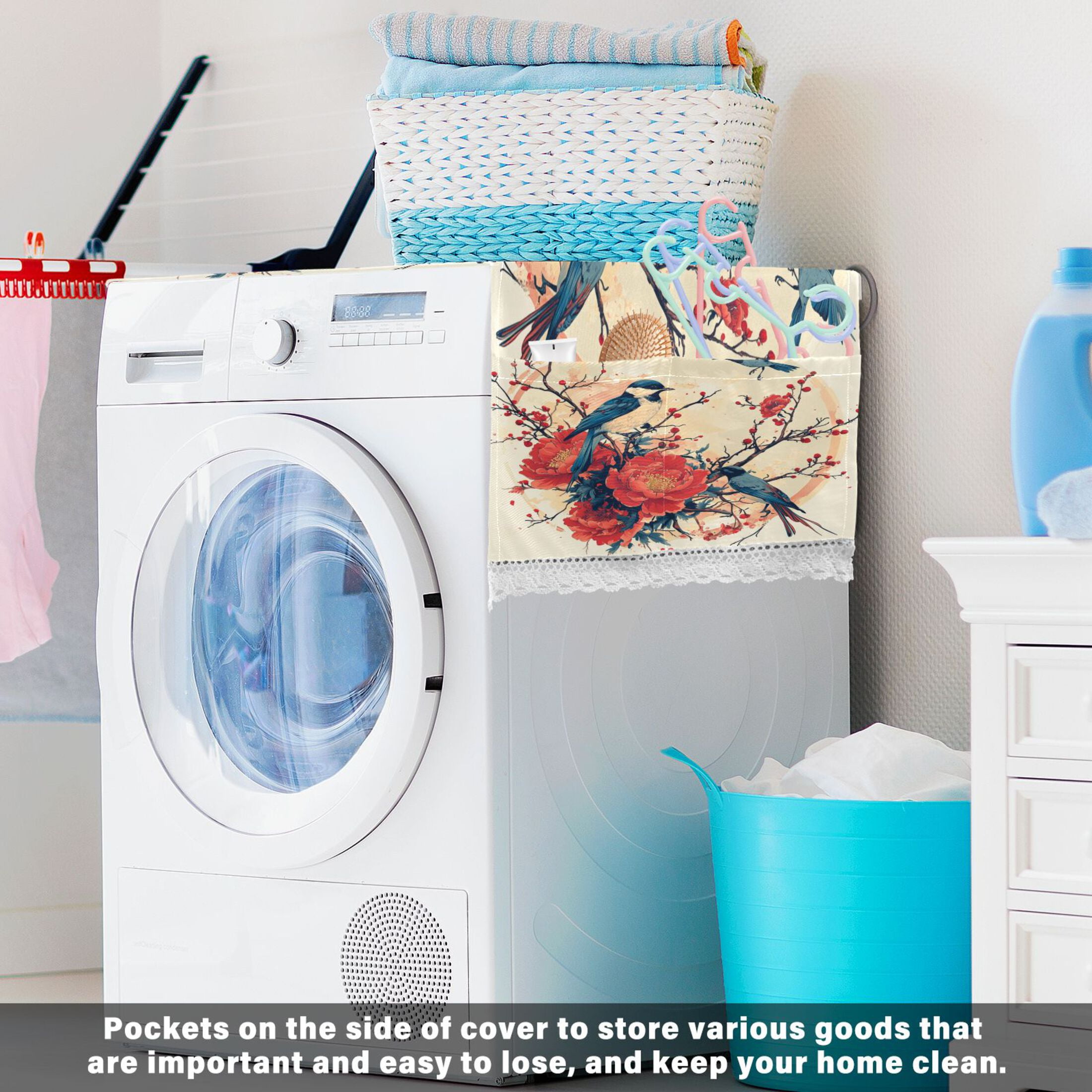 Blue MagpieWasher and Dryer Covers Dust-Proof and Oil Resistant Fridge Cover with 4 Storage Pockets Washing Machine Top Cover for Laundry Kitchen Home 51.2 x 22 In