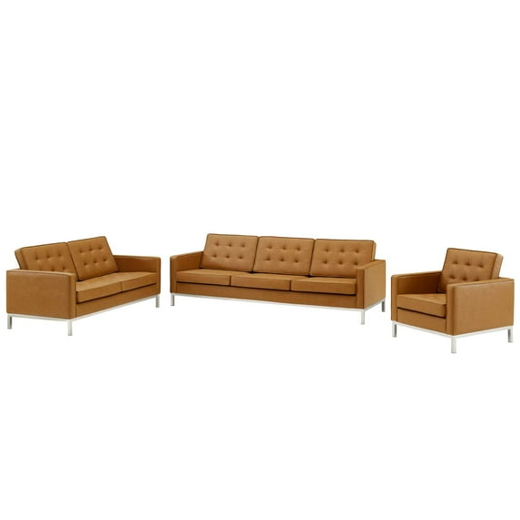 Tufted Armchair and Loveseat Sofa Set, Faux Leather, Silver Tan, Modern Contemporary Urban Design, Living Lounge Room Hotel Lobby Hospitality