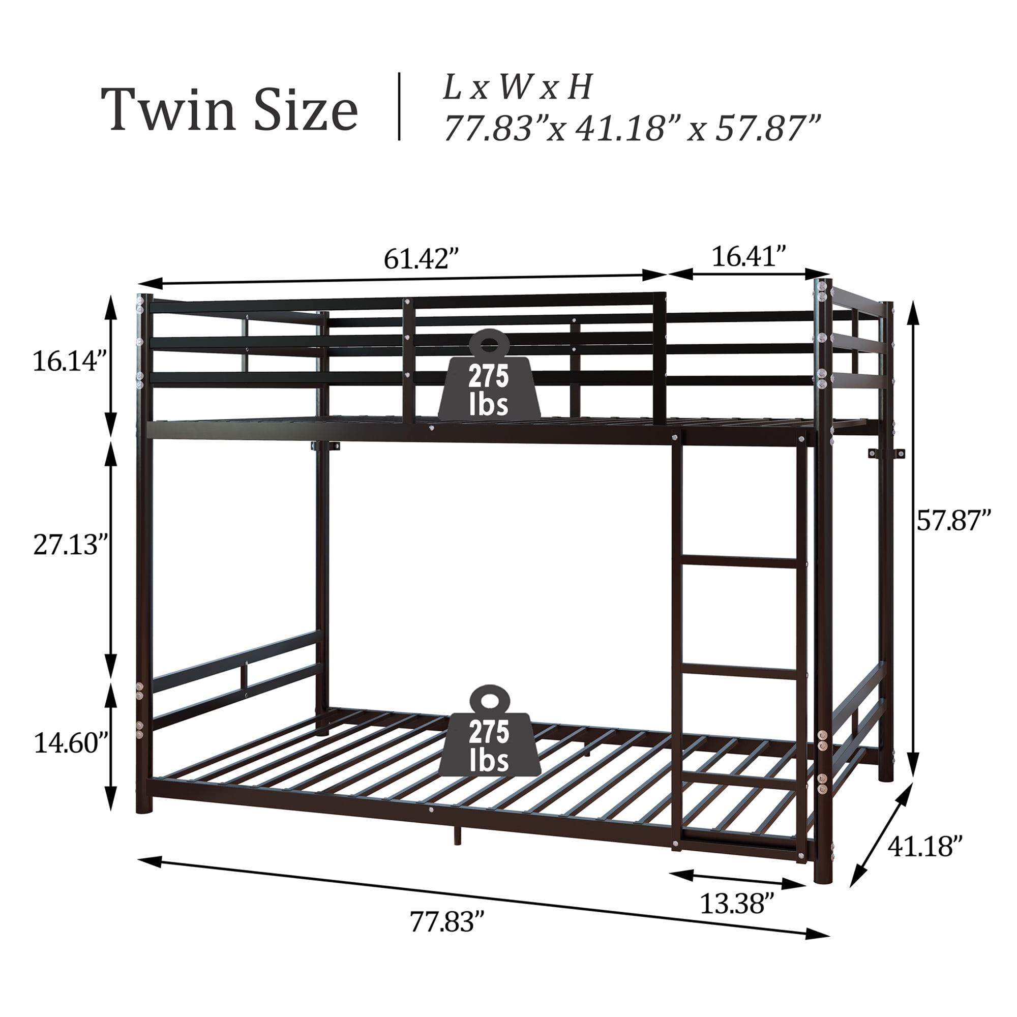 Leumius Metal Bunk Bed Twin Over Twin with Ladder and High Guardrail, Heavy-Duty Steel Slats Support for Kids Teens Adults/Dorm, Under-Bed Storage Space, Noise Free,Black