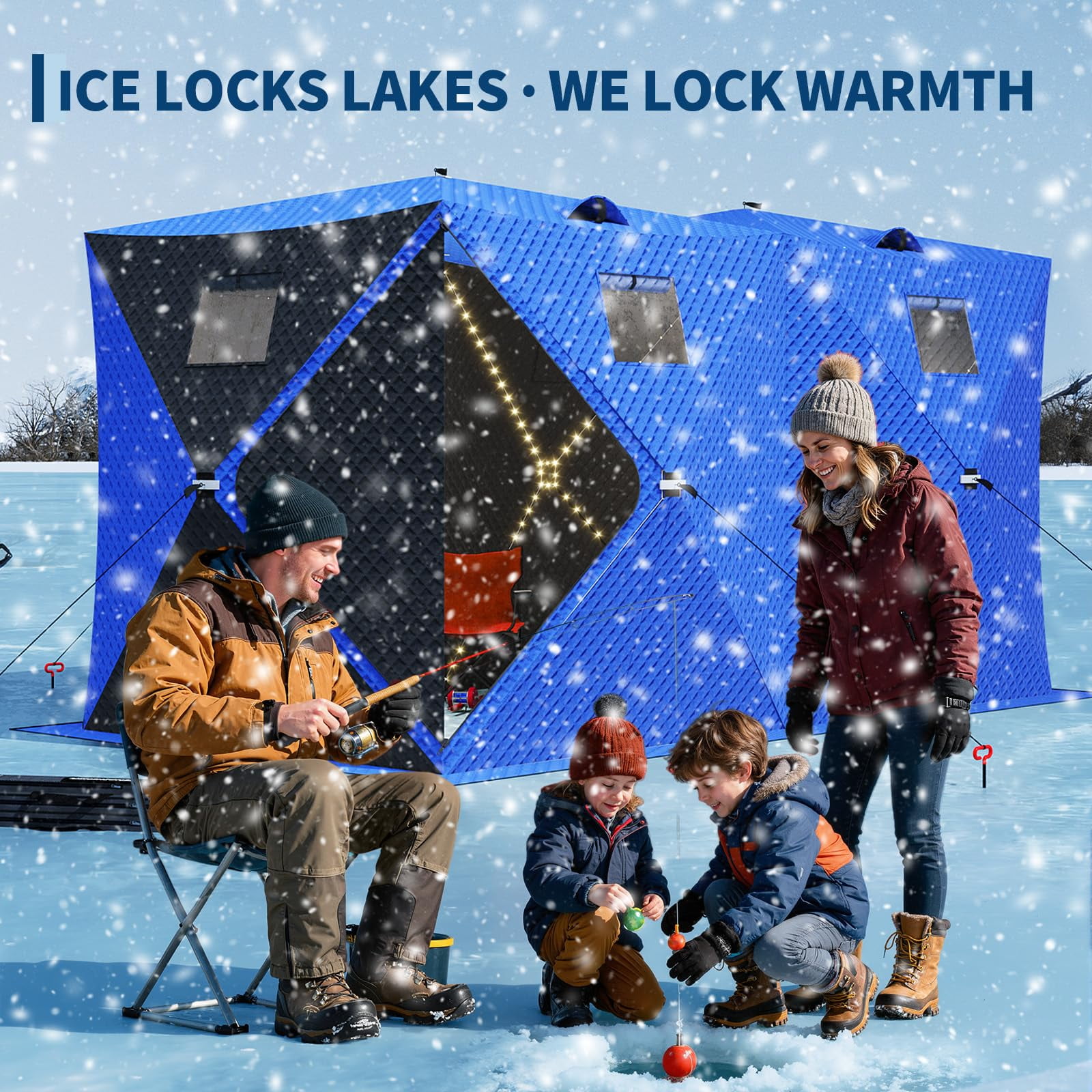 Insulated Pop-Up Ice Fishing Shelter for 6-8 People – Double Zipper Doors, 69 sq ft Space, 2x49ft LED Light Strips, Carry Bag, 141.73x70.8x77.74in | Comes with 2 battery packs and 2 15m light strips