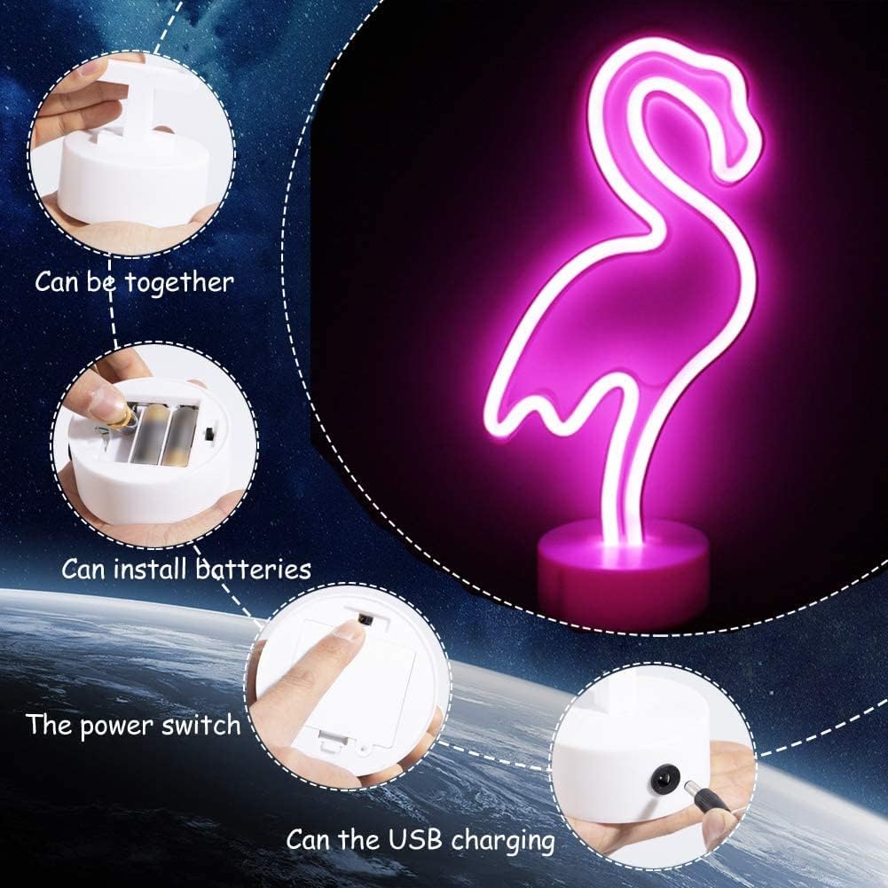 SHANJIA Neon Sign, LED Decor Night Light USB/Battery Flamingo Neon Lights with Base, for Bedroom Decoration Game Room Bar Party Kids Valentine's Gift Decor
