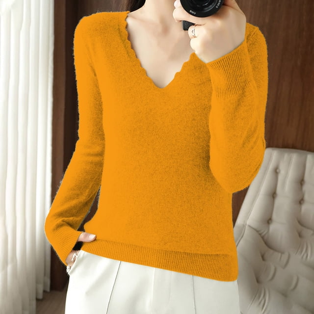 IMENGL Women's spring solid short lace v neck pullover, Orange L, Size M-2XL