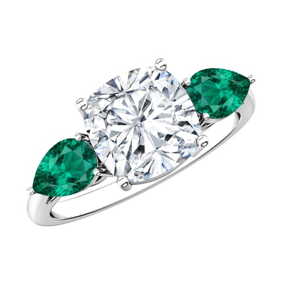 Rosec Jewels Certified Moissanite Engagement Ring (D-VS1 Quality) - 8 mm Cushion Cut Moissanite Ring with Emerald Side Stones, 925 Sterling Silver, US 4.00