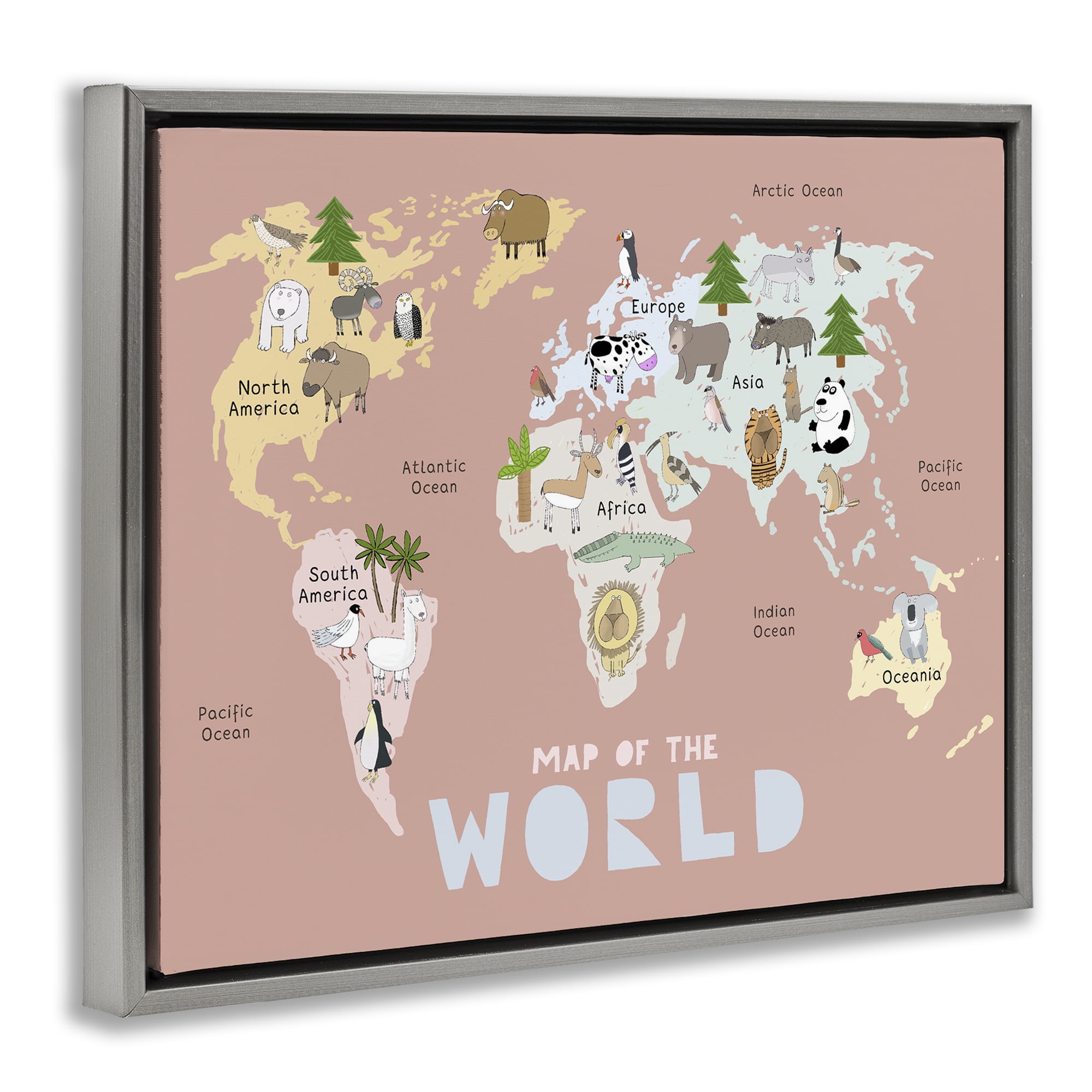 Kid's Map Of World Pink Gray Framed Floater Canvas Wall Art, design by Carla Daly