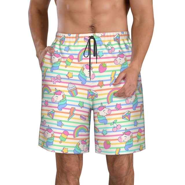 Balery Cute Unicorn Traje de Baño Estilo Hawaiano para Hombre, Shorts de Secado Rápido con Bolsillos-3X-Large