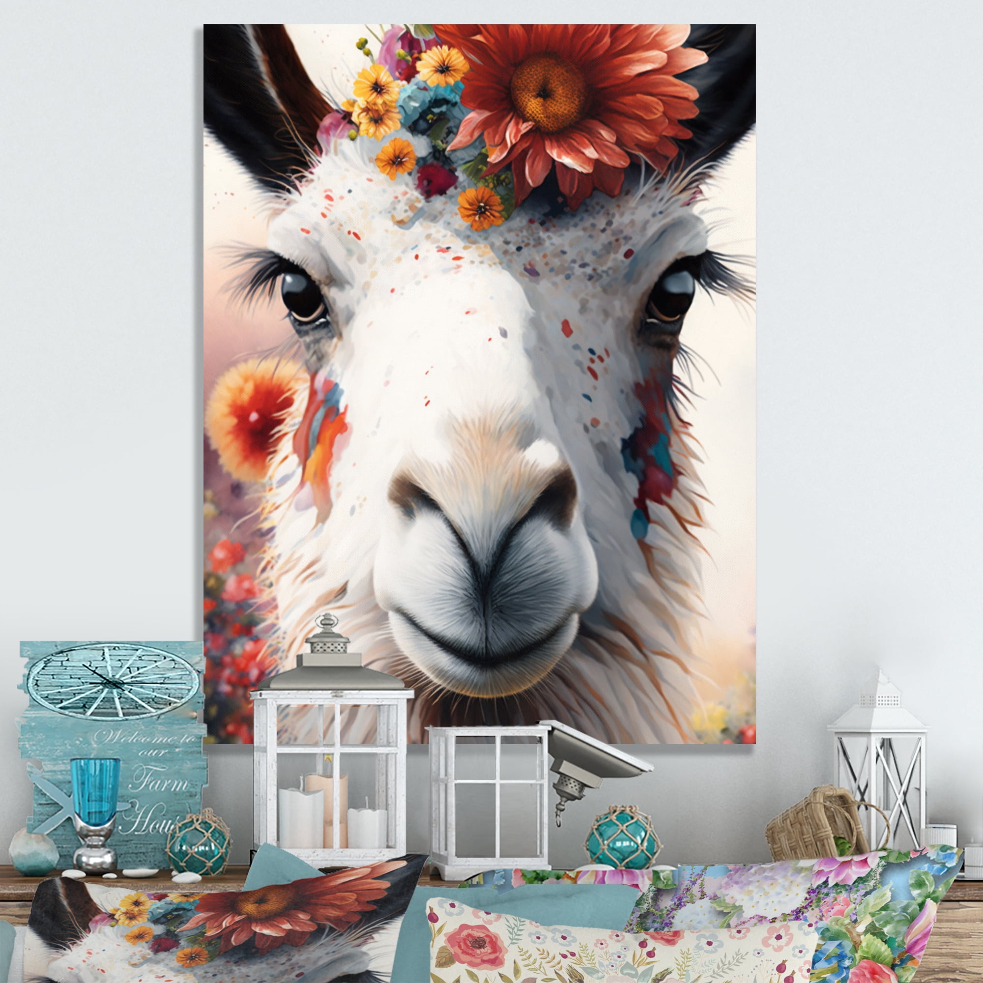 Designart Llama With Flowers II Canvas Wall Art