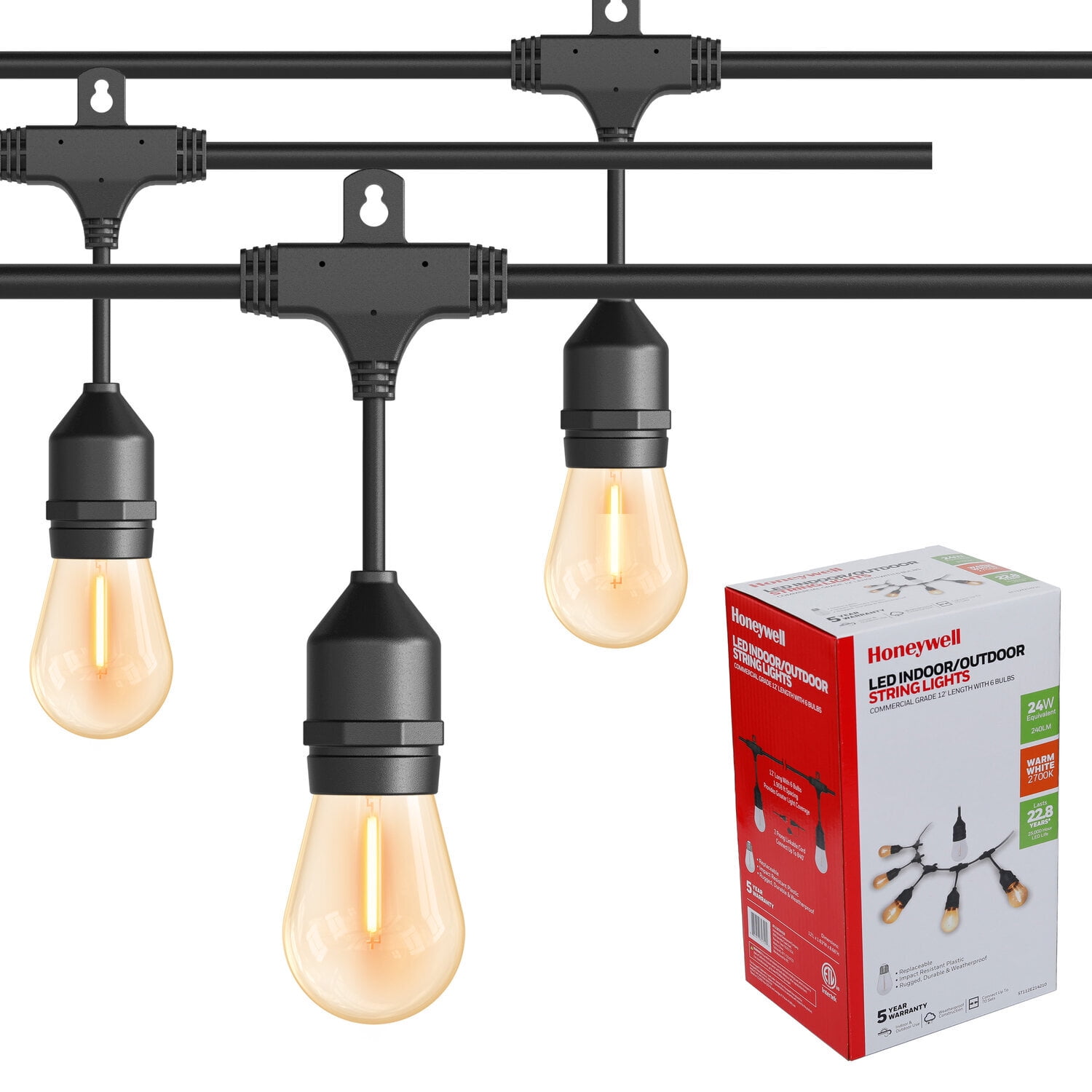 Honeywell 24' LED Plug-in String Lights With 12 E26 Bulbs, Indoor/Outdoor