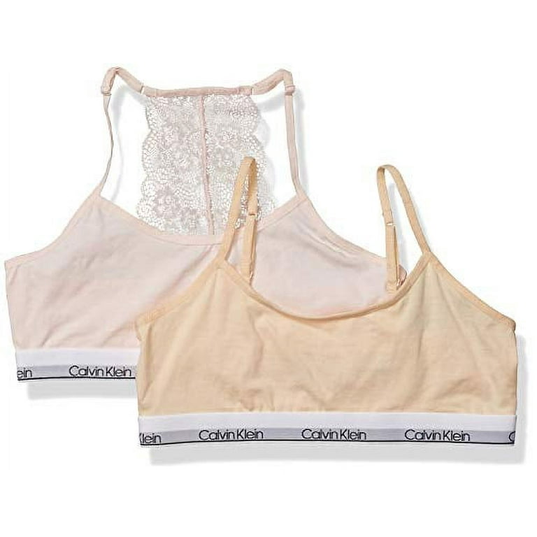 Calvin Klein Girls' Little Kids Modern Cotton Racerback Bralette with Lace,  Multipack, 2 Pack - Crystal Pin, Nude, L 