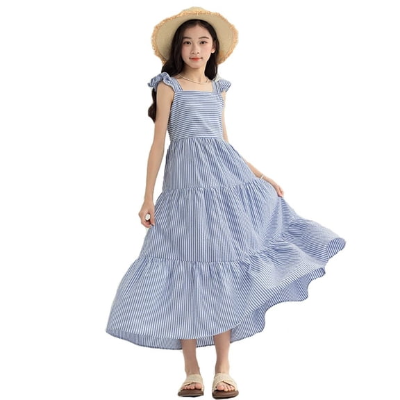 VNKIDY Girls Kids Square Neck Ruffle Strap Striped Tiered Maxi Dress Casual Summer Sundress For Beach Vacation Blue 9-10 Years
