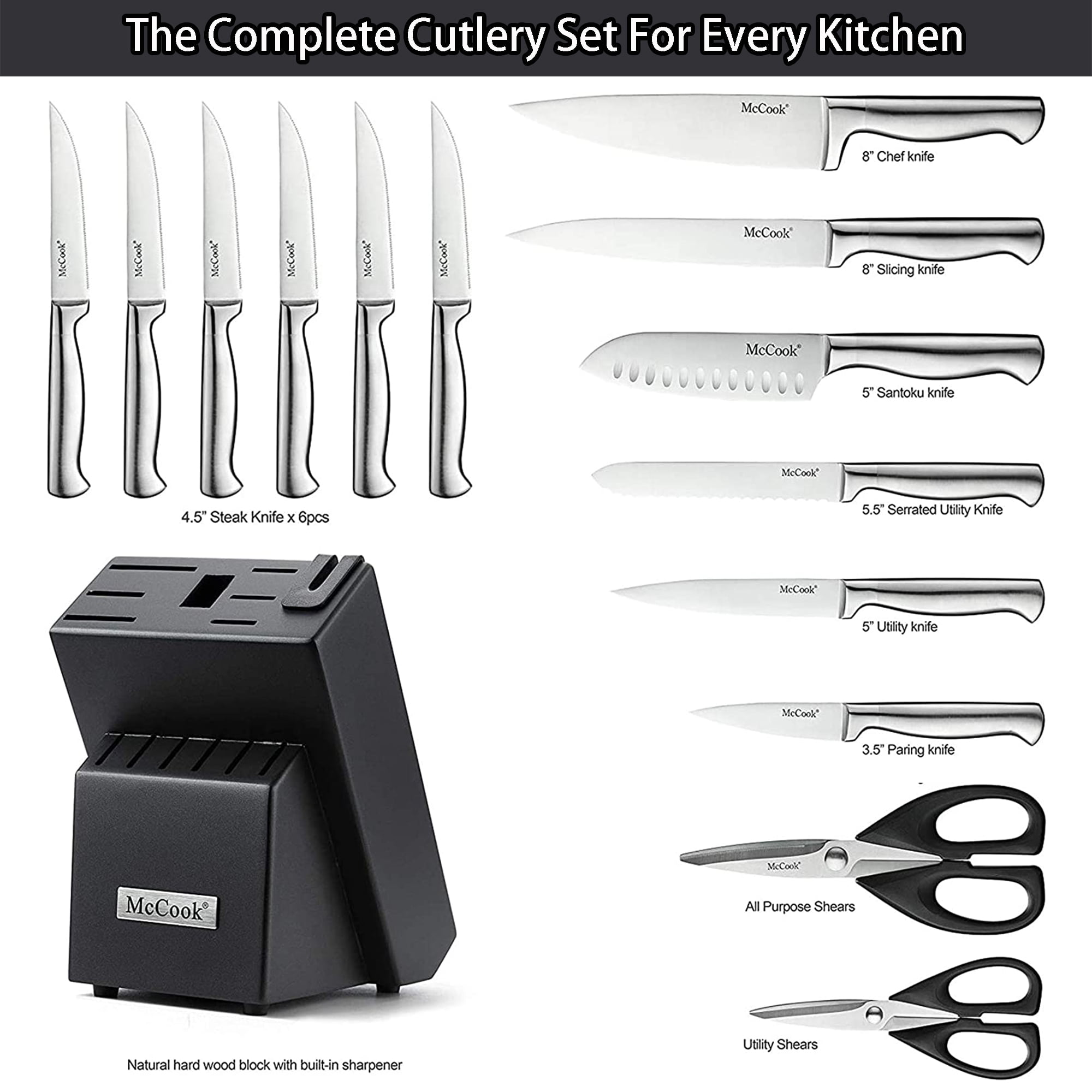 McCook MC25A 15-Piece Kitchen Knife Set Stainless Steel Forged Triple Rivet Cutlery  Knife Block Set with Built-in Sharpener,Chef Knife,Steak Knife -  Walmart.co…