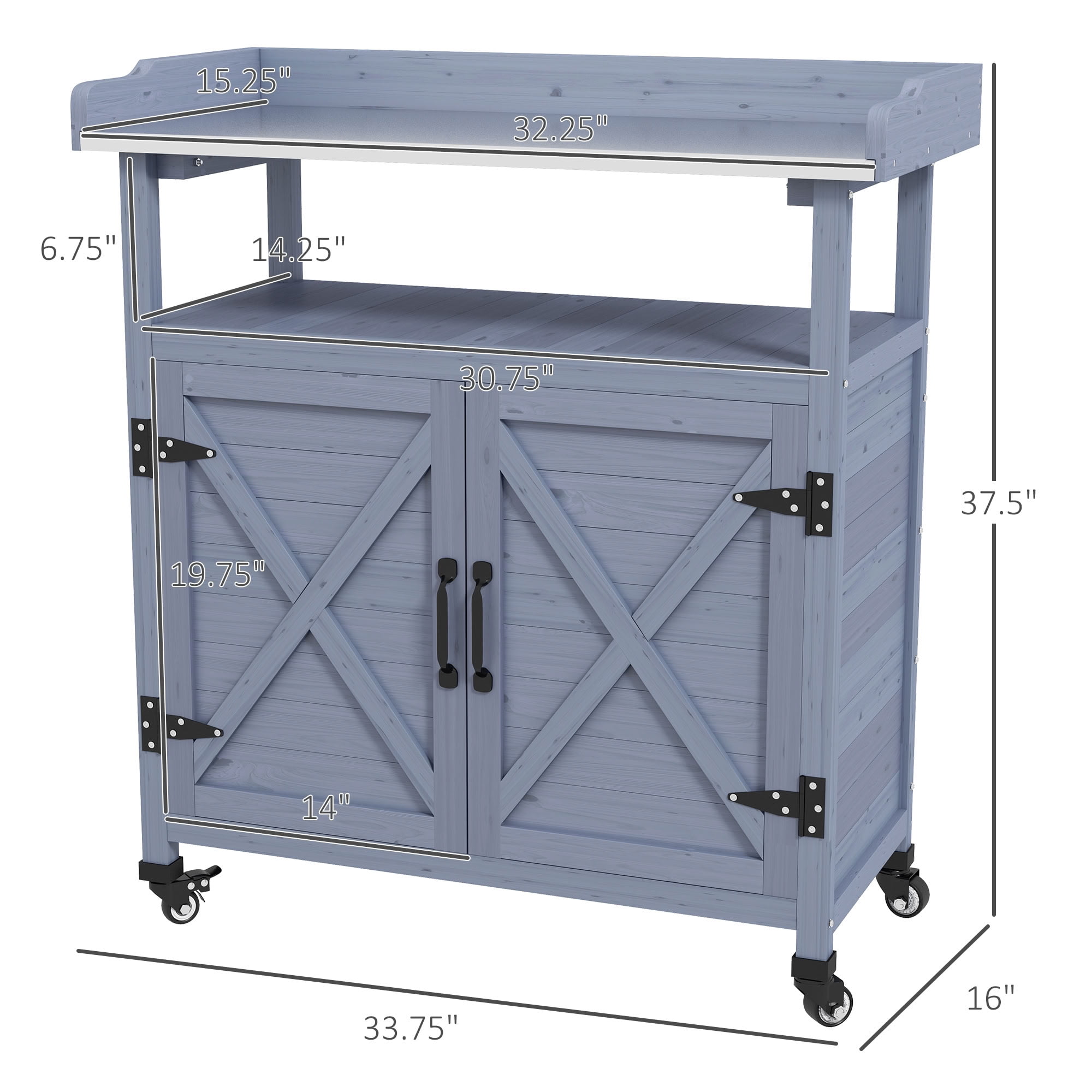 MAYEERTY Outdoor Potting Bench, Wood Garden Workstation with Lockable Wheels, Storage Cabinet & Open Shelf for Backyard, Patio, Balcony