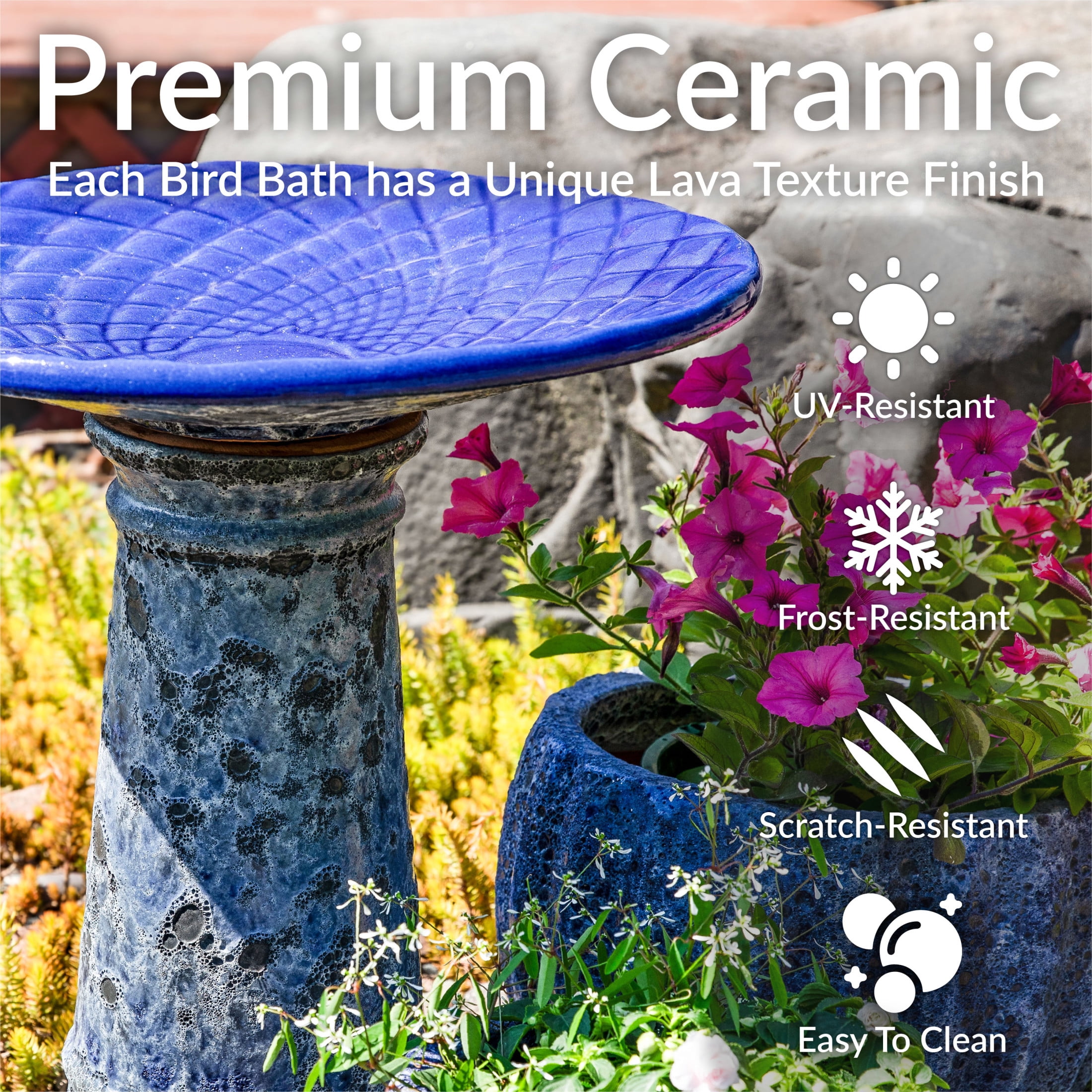 Sunnydaze Rennes Freestanding Ceramic Outdoor Bird Bath, UV-Resistant Blue Lava Finish