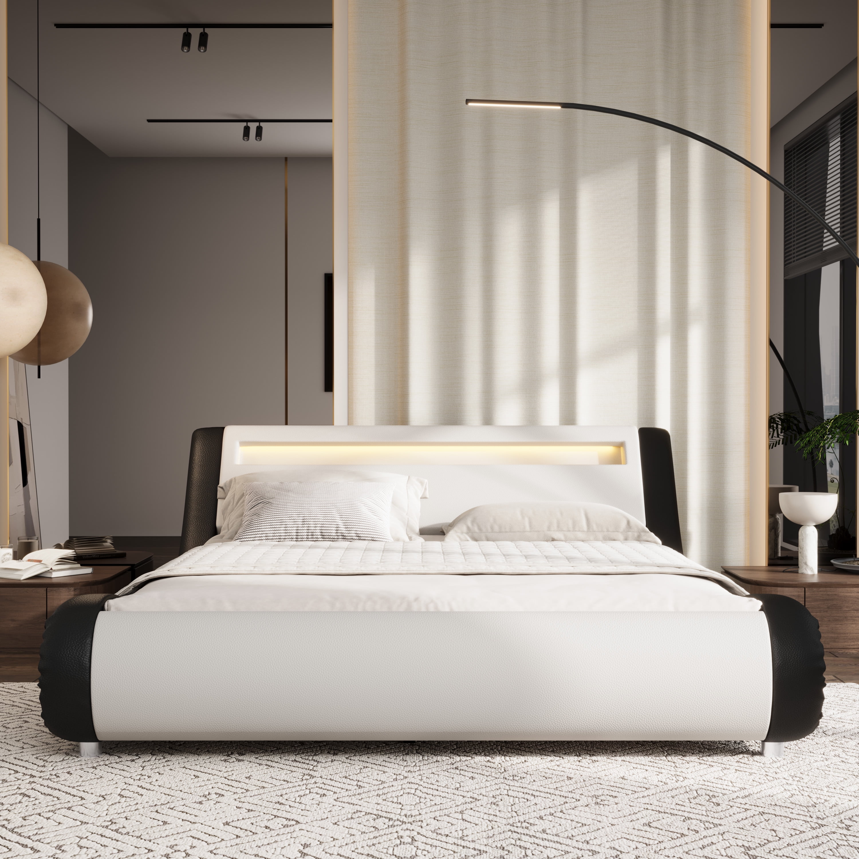 Sifurni Queen size Wave-Like Curve Deluxe Upholstered Modern Bed Frame with LED Headboard, Black+White