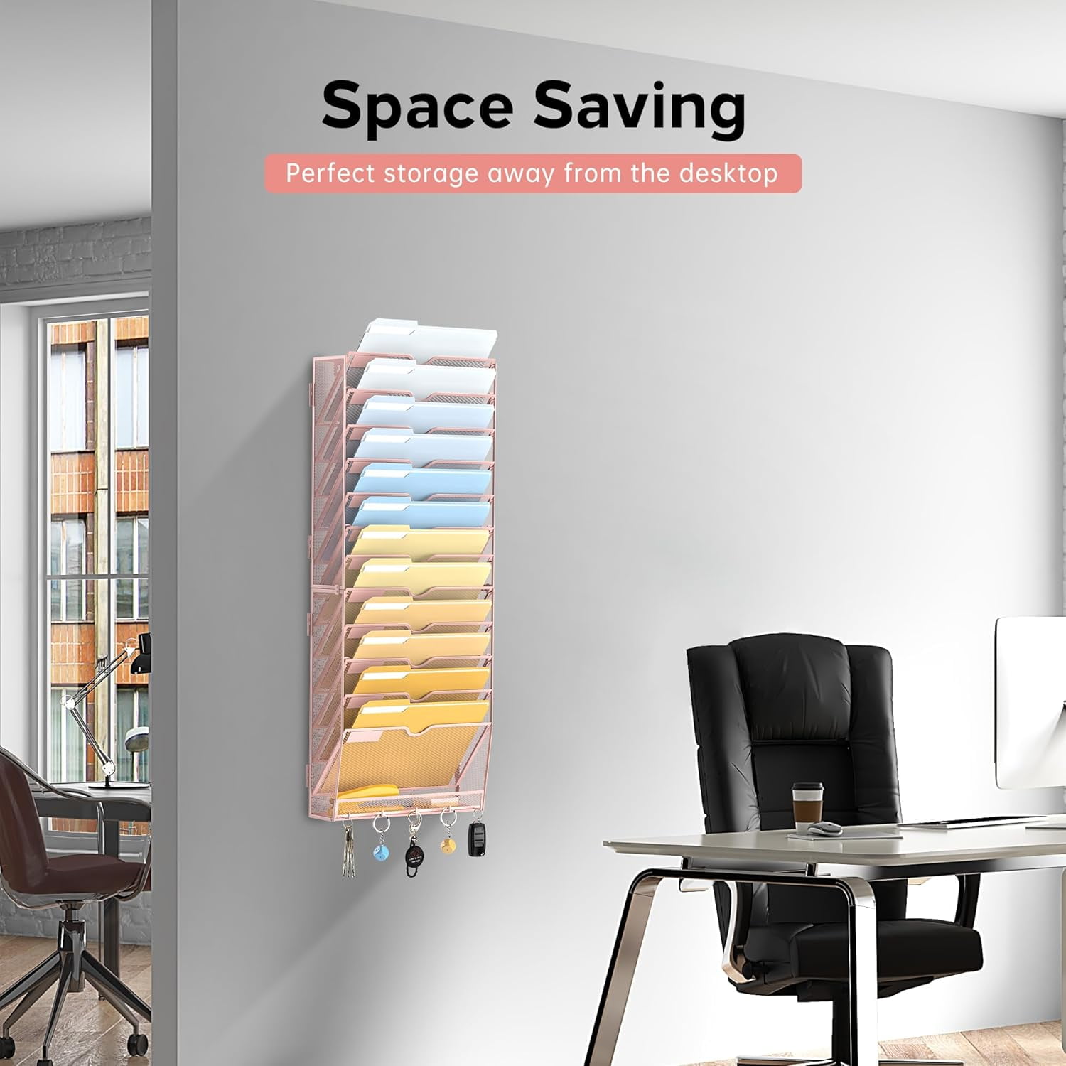 INTIGE 13-Tier Metal Wall File Organizer with Hooks, Hanging Paper Organizer, Pink, Screw Mount