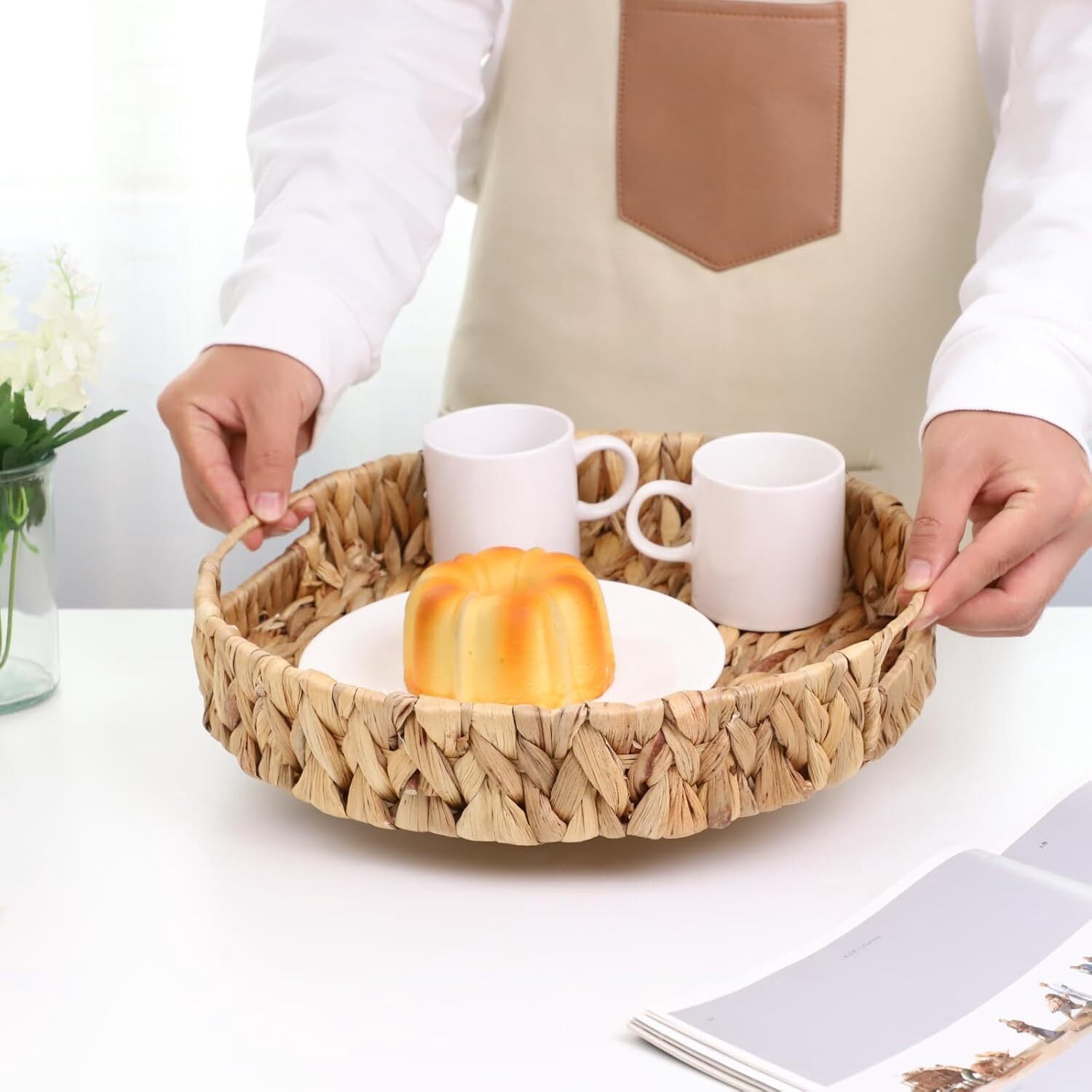 GoXteam Wicker Basket, Baskets for Organizing, Storage Basket with Built-in Handles, Water Hyacinth Shelves, Large