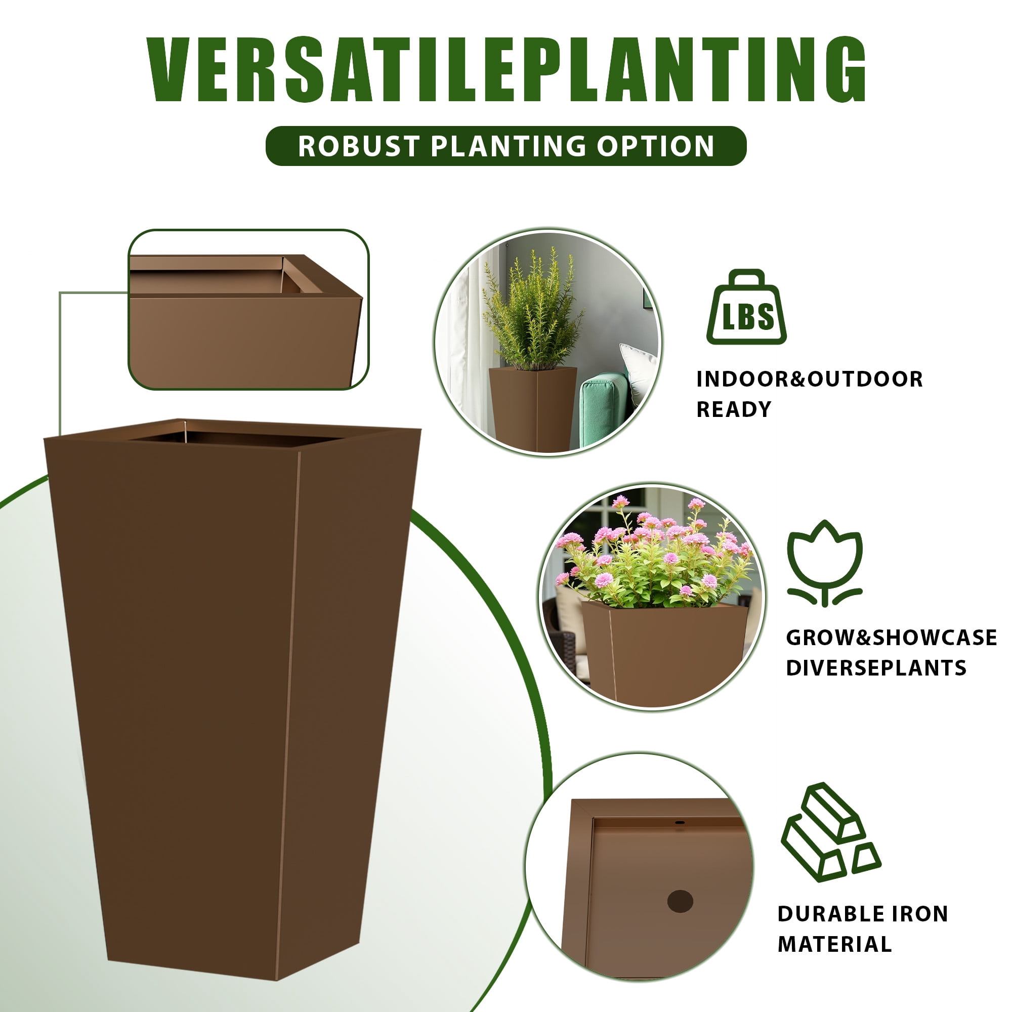 MAYEERTY 28*15*15" Brown Modern Metal Cone Planter with Inner Shelf for Outdoor Gardening, Patio & Balcony