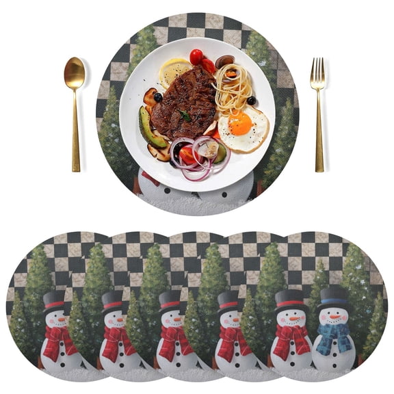 15 Inch Round Grid Plate Mats Heat Non-Slip Resistant PVC Placemats for Kitchen Dining Table Decor Two Snowmen Pattern 1PCS