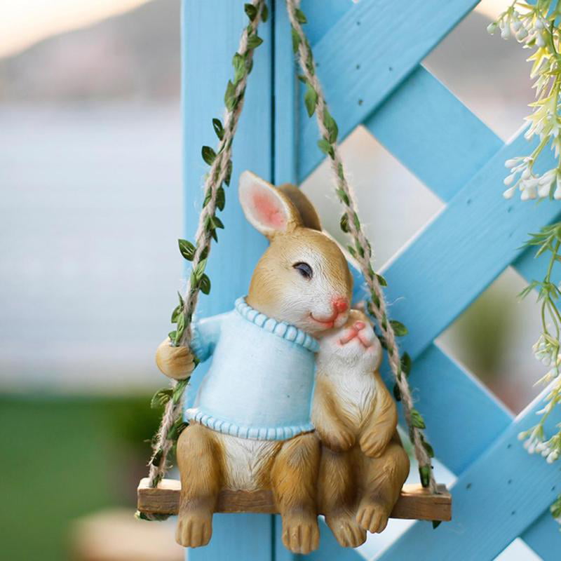 Blue Outdoor Lawn Yard Animal Figurine Sculpture Ornament Decor Nobranded Cute Resin Garden Swing Rabbit Statue Decoration