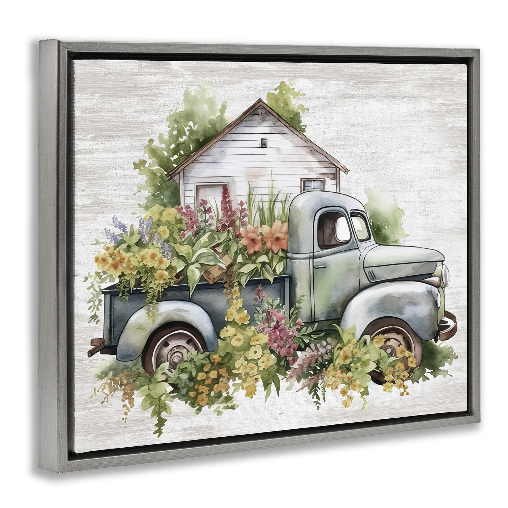Stupell Industries Country Floral Truck Transportation Painting Gray Floater Framed Canvas Art Print Wall Art, 21 x 17