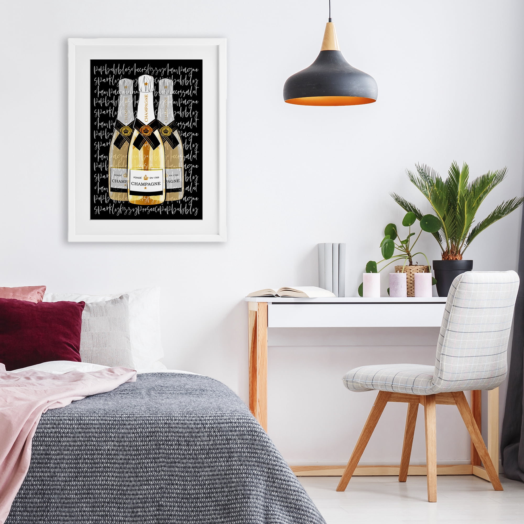 Stupell Industries Triple Champagne Bottle Love White Framed Print Under Glass, design by Martina Pavlova