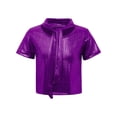 thumbnail image 3 of TSSOE Kids Girls Metallic Strap Tie Round Neck T-shirt Sparkly Short Sleeve Hip Hop Jazz Dance Crop Top Purple 10-14, 3 of 5