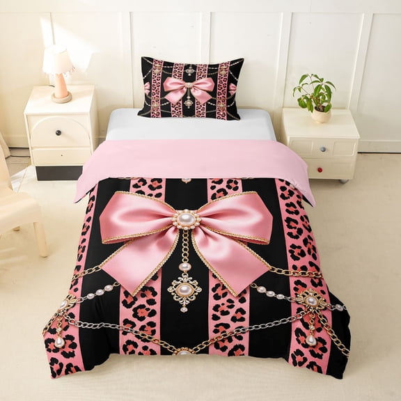 spefrowx Retro Baroque Leopard Print Bow Twin Duvet Cover for Girls, Black Coral Pearl Stripe Twin Bedding, Pink Reversible, 2-Piece, 1 Duvet Cover and 1 Pillowcase
