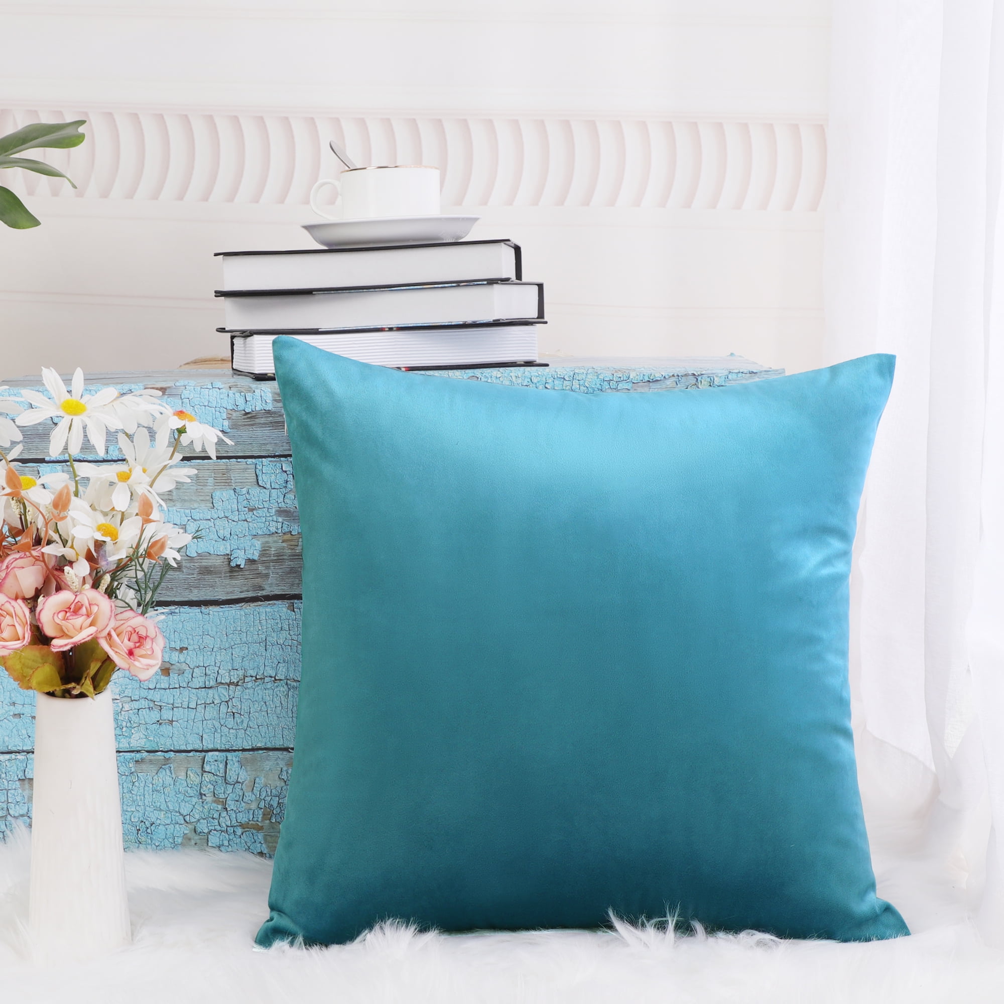 Unique Bargains Luxury Euro Velvet Square Decorative Throw Pillow Cover, 18" x 18" Teal Blue