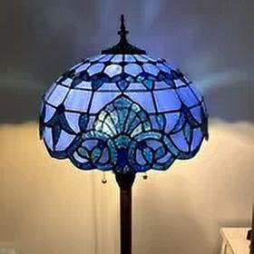 Tiffany Floor Lamp Blue Stained Glass Baroque Style Lavender Metal Base LED Bulbs Included for Living Room Bedroom 16"D*16"W*64"H