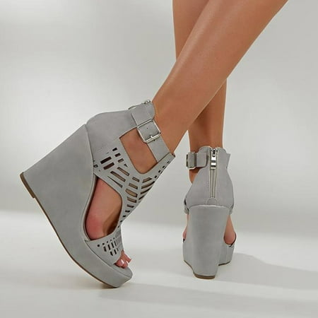 

kpoplk Wedges Sandals For Women Women s Ankle Strap Wedge Sandal Open Toe Strappy Sandals Platform Shoes(Grey)