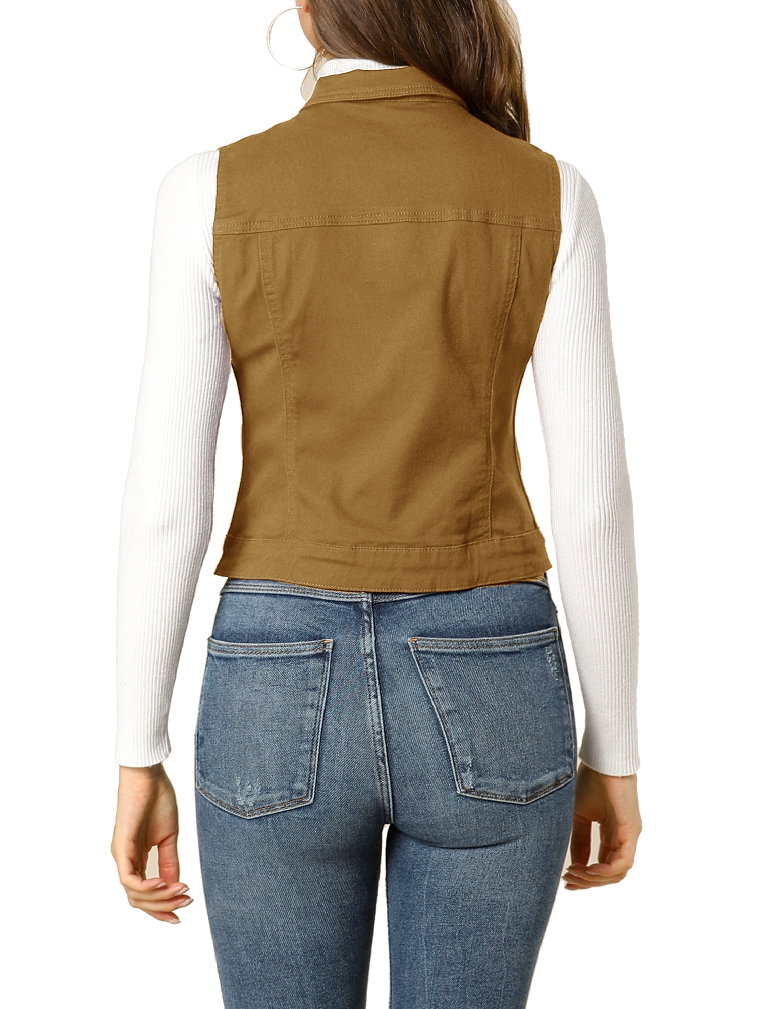 DARING DIVA Women's Denim Sleeveless Flap Pockets Vest Jacket S Khaki
