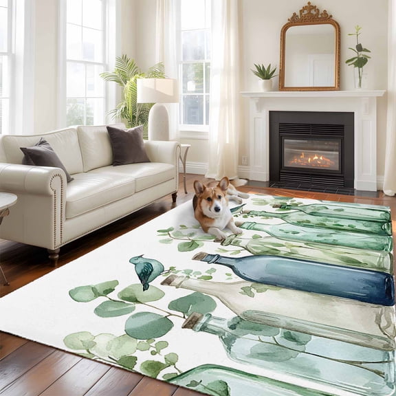 6'x9' Area Rugs, Green Eucalyptus Leaves Indoor Outdoor Area Rug for Living Room Bedroom, Spring Vase Birds Botanical Washable Bathroom Rugs Kitchen Floor Carpet Mats Home Decor Aesthetic
