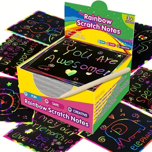 Rainbow Scratch Paper Art: 100 Pcs Scratch off Craft Kit for Kids Color Drawing Note Pad Supply for Children Girls Boys DIY Party Game Activity Birthday Toy Gift Set