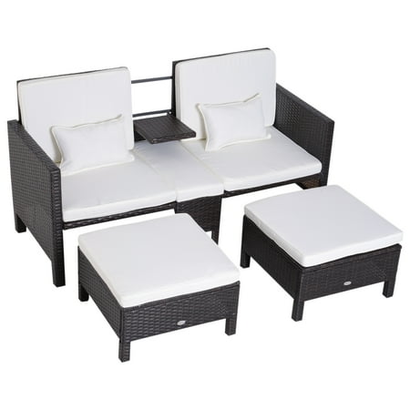 Conversation Piece Collection - Outsunny 3 Piece Rattan Wicker Patio Conversation Set Outdoor Loveseat with Ottomans & Tray