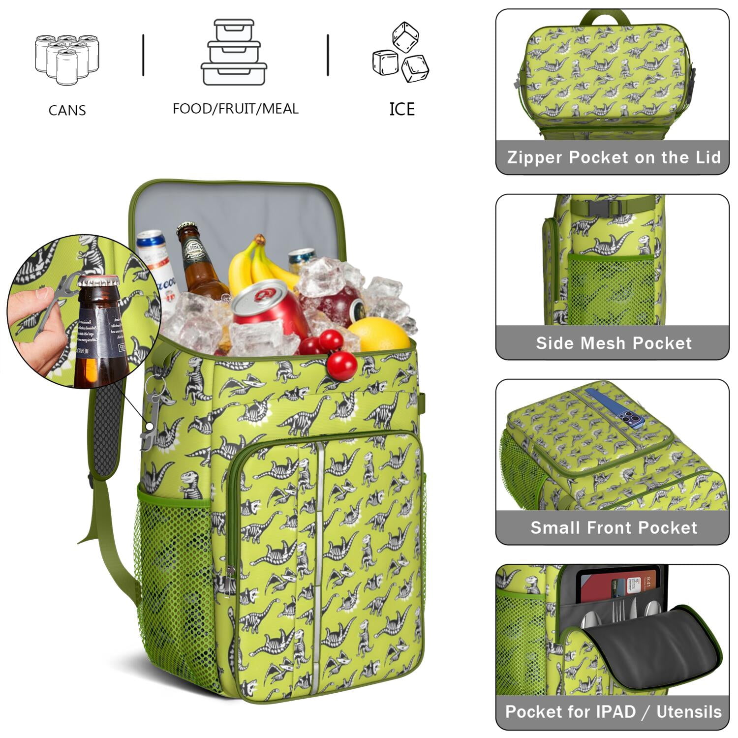 Travel Cooler Bag - Green Dinosaurs Skeletons Pattern Camping Beer Cooler Backpack with Bottle Opener- Waterproof Insulated Picnic Backpacks - Cooler Bag for Beach
