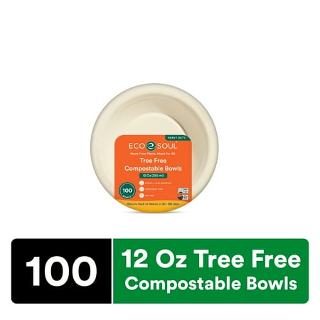 ECO SOUL 100% Compostable 12 oz Bagasse Bowls, 100 counts | Heavy-Duty Disposable Bowls | Eco-Friendly Made of Sugarcane Fibers-Natural Unbleached Biodegradable Bowls