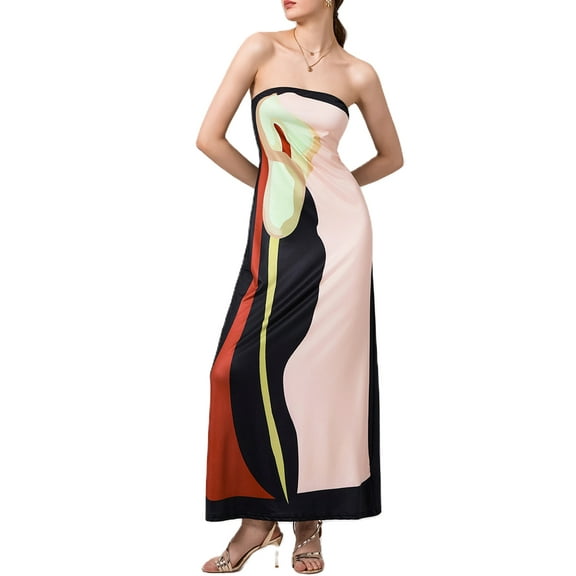 Mevireiy Women Strapless Tube Dress Abstract Printed Flowy Off Shoulder Y2K Beach Bandeau Dresses